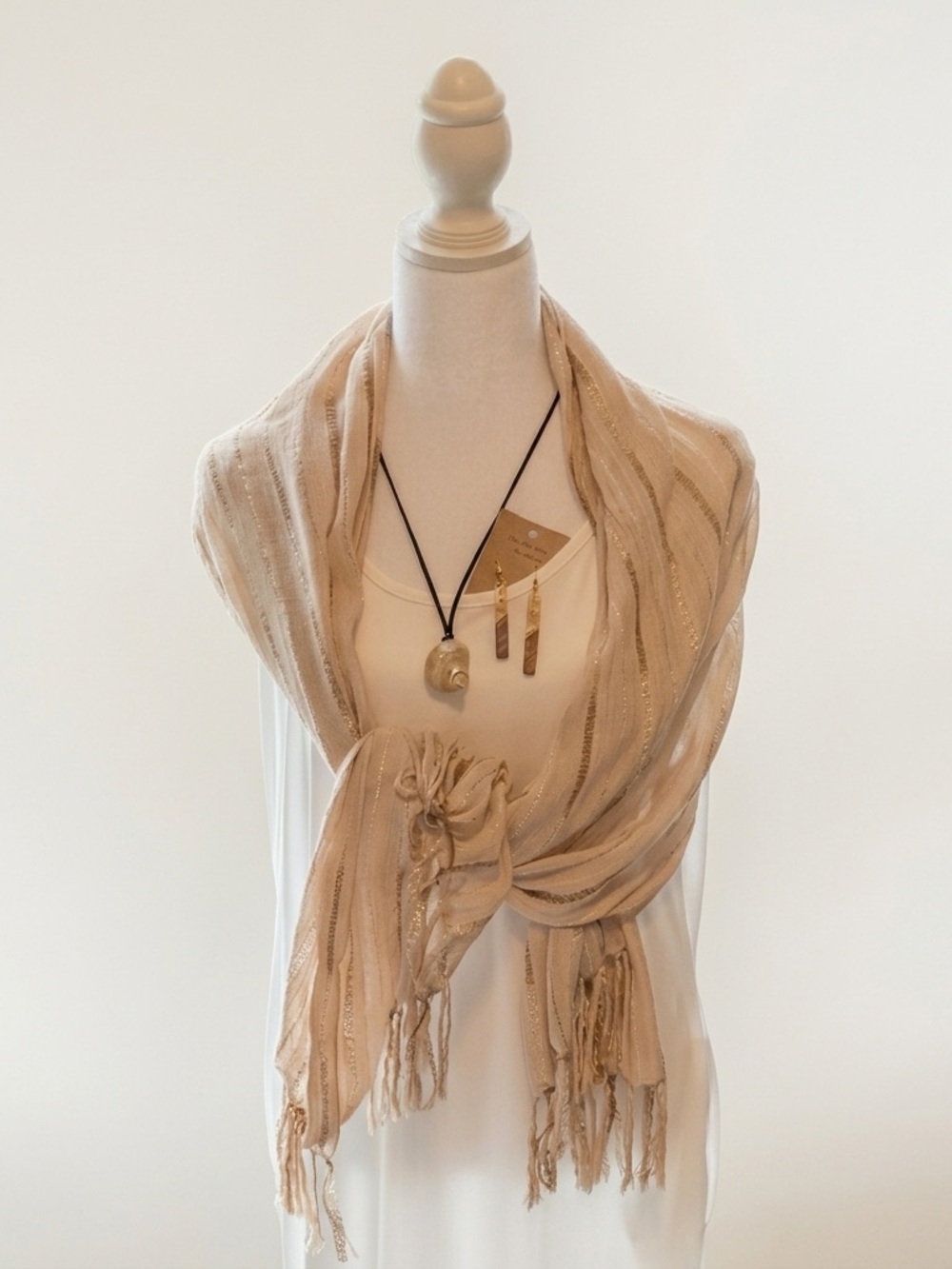White Summer Full Length with Fringe Shawl & Wood Foil Earrings